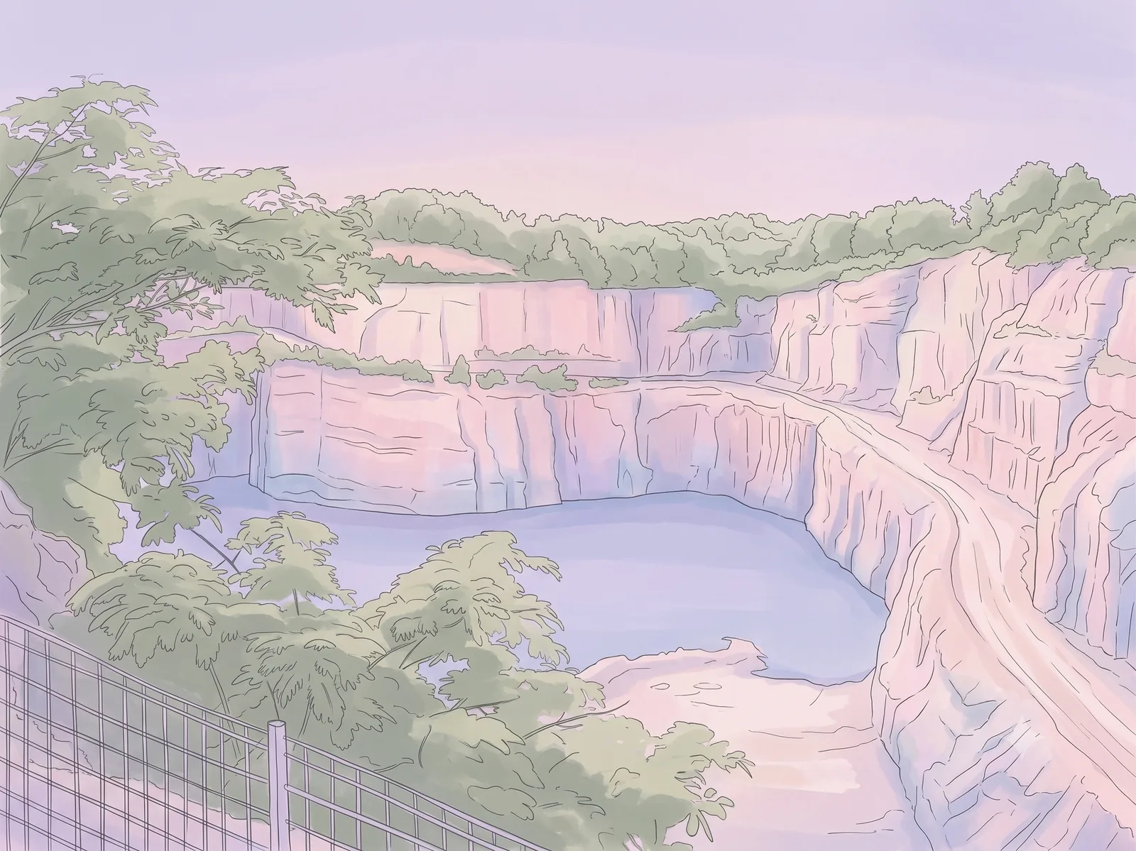 Illustration of the flooded granite quarry behind a chain-link fence, tree-lined rim above.