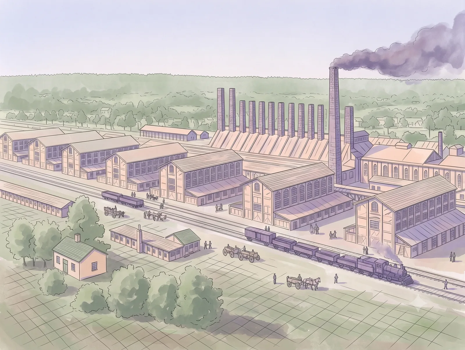 Illustration of the brick factory with tall smokestacks beside a rail line running through pine woods.