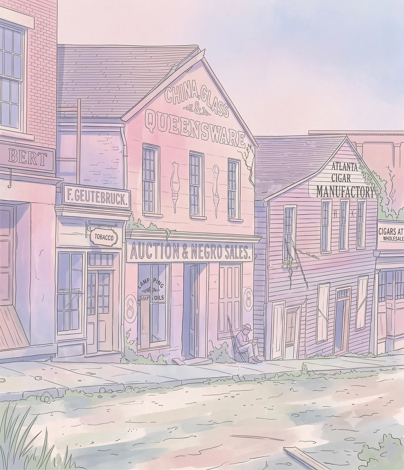 Illustration of a downtown street of storefronts, one bearing an auction house sign advertising sales of enslaved people.