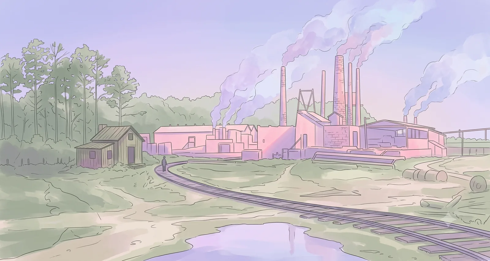 Illustration of a sprawling sawmill complex with smokestacks and long sheds beside a rail line.