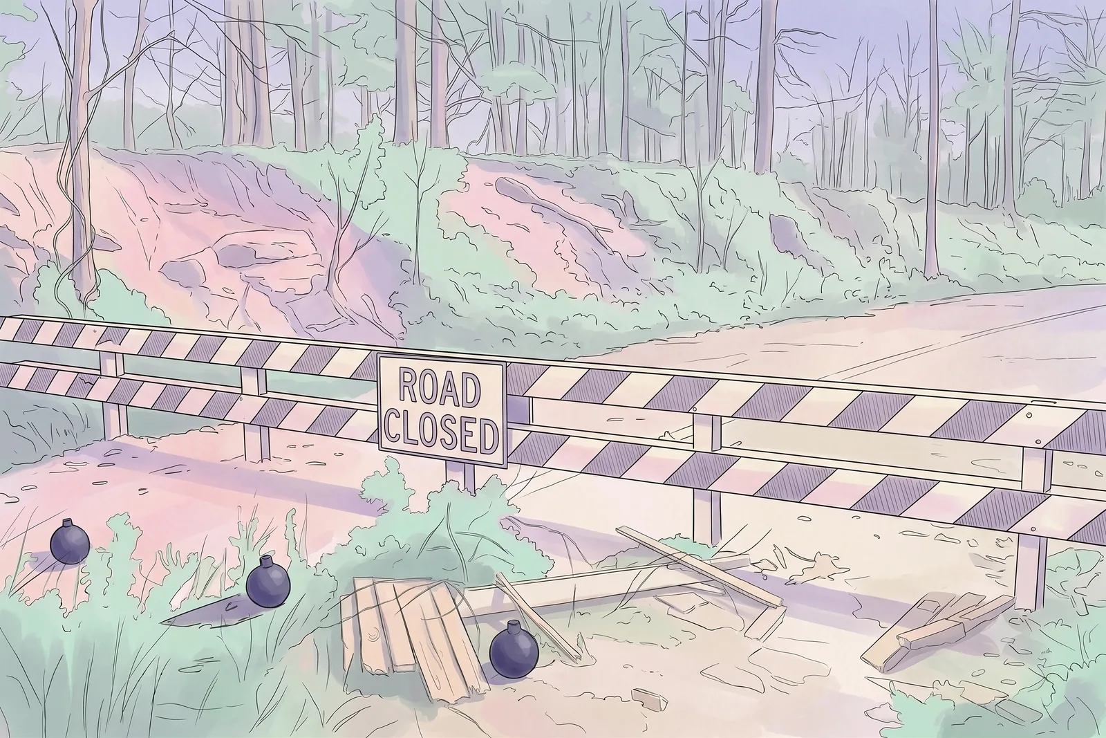 Illustration of a road closed barricade blocking a wooded residential street.
