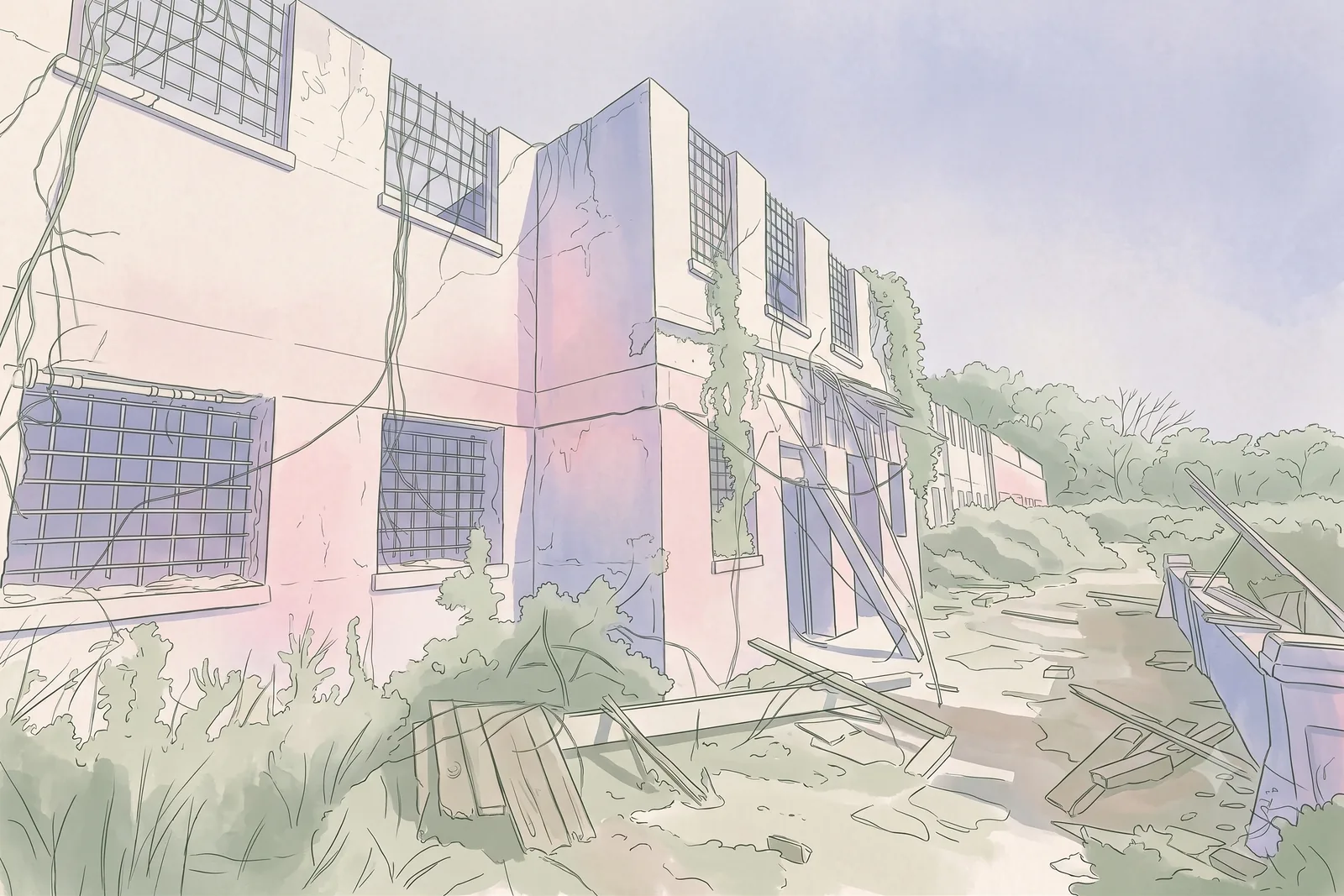 Illustration of the prison farm building standing ruined and overgrown, debris in the yard.