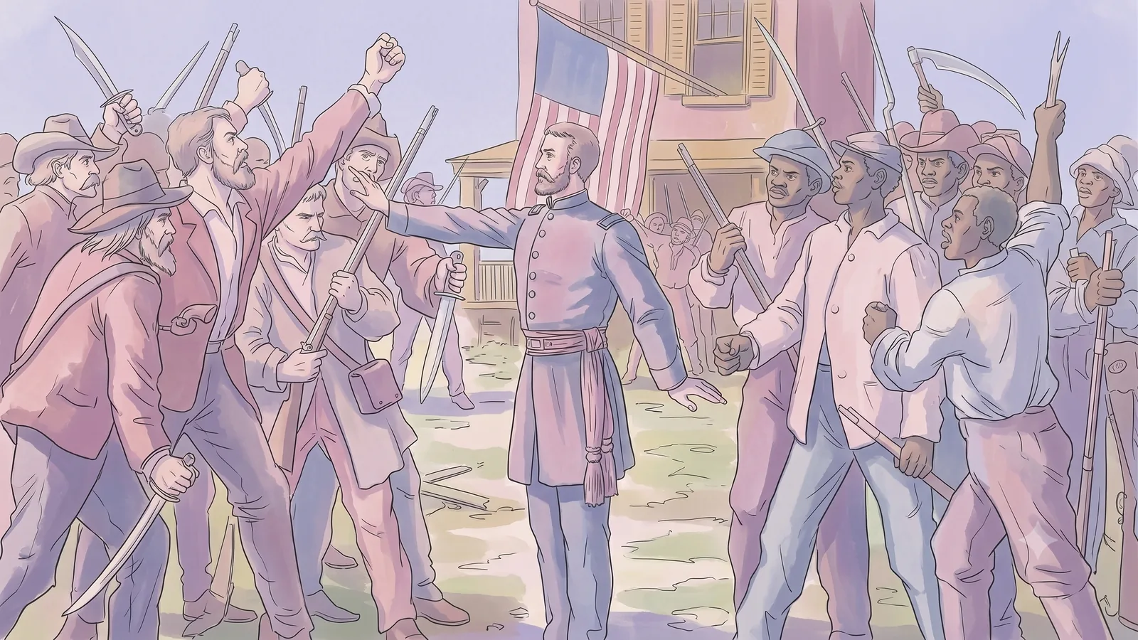 Illustration of an armed white mob gathering in the street in 1906.