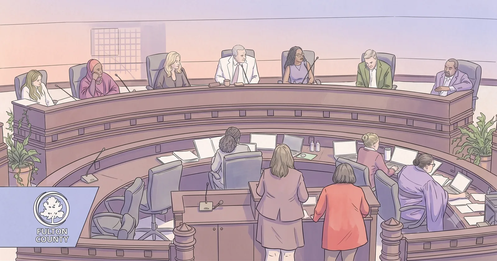 Illustration of a county commission chamber in session, speakers addressing the dais.