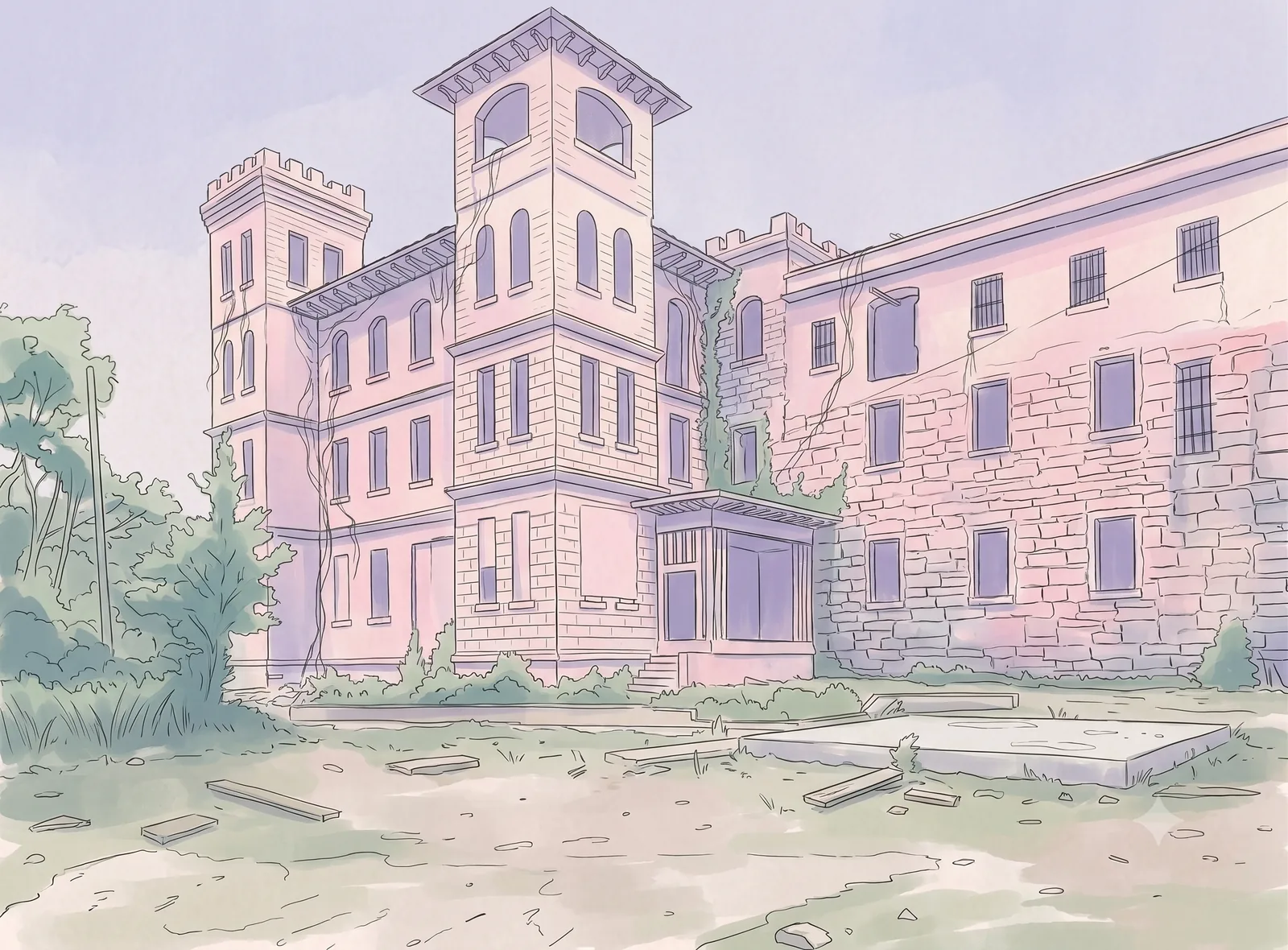 Illustration of the castellated stone Atlanta Stockade building with a square tower, weeds grown up around it.